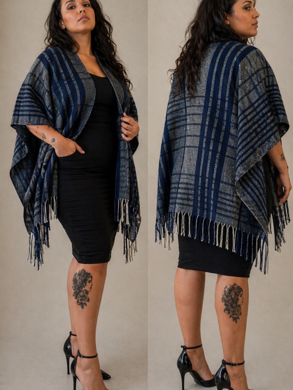 Woolrich Navy and Gray Plaid Fringe Wrap Cape
